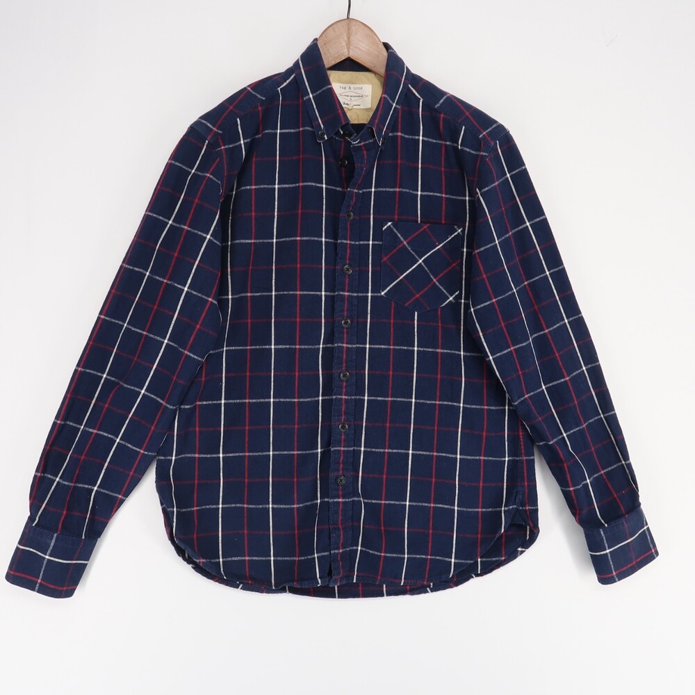 Rag‎ and Bone Tailored Workwear Shirt Mens S Navy Blue Plaid Linen Cotton Button
